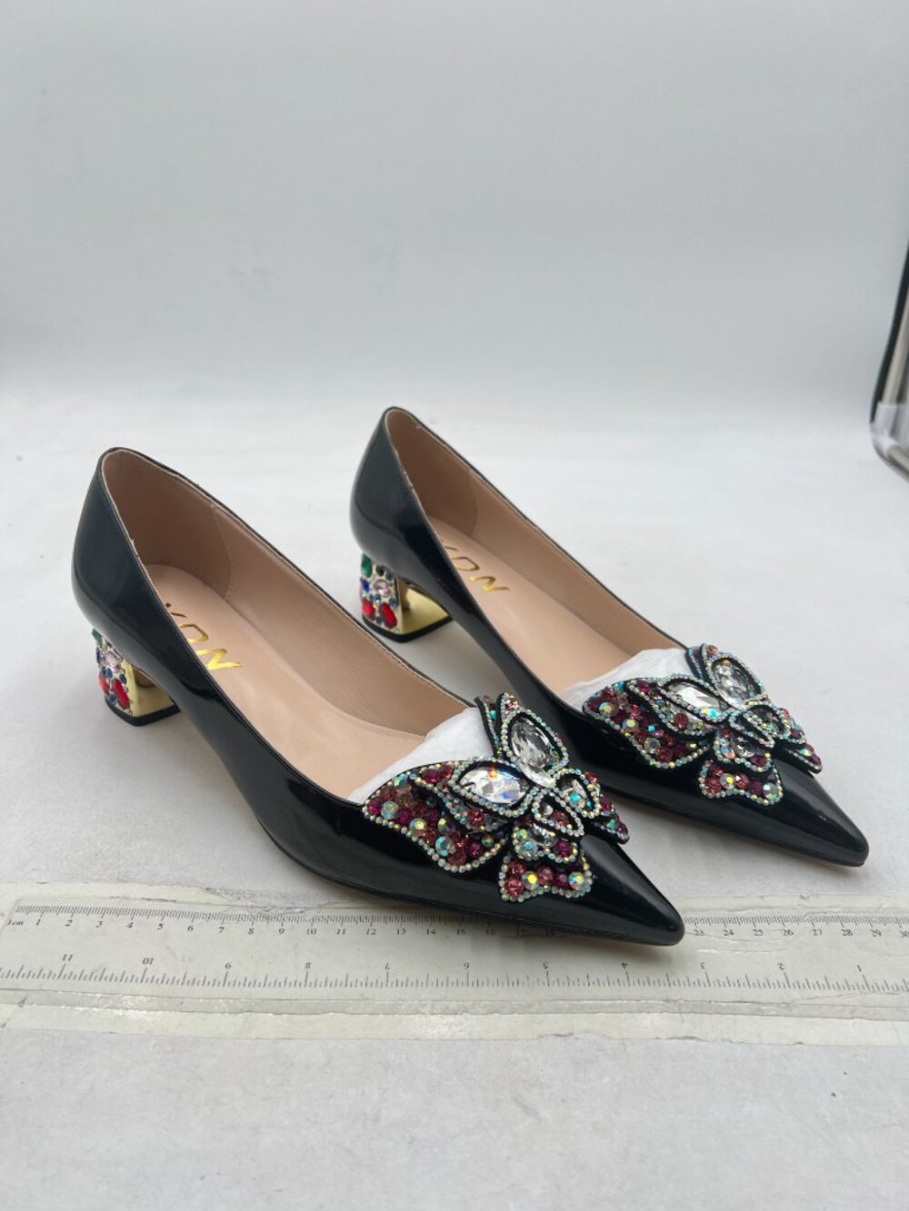 YDN Black Pointed Toe Bow Pump Colorful Rhinestone Block Low Heel Butterfly Shoe - Picture 4 of 8